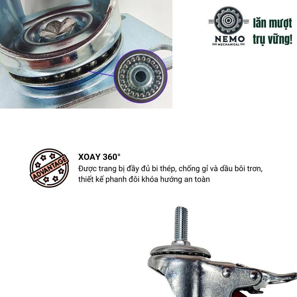 Bánh xe đẩy hàng PVC đỏ mận, cọc vít, có bạc đạn, đường kính 7cm, 10cm, 12cm, 105-135kg /bánh